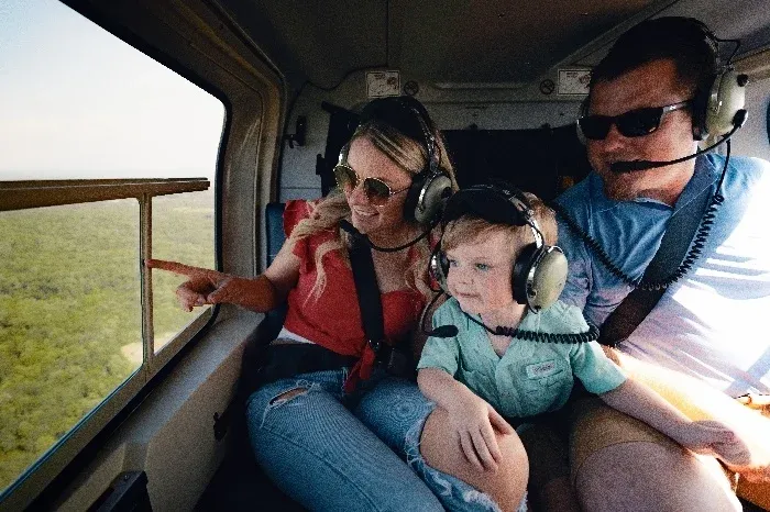 Family with children enjoying helicopter scenic flight passengers
