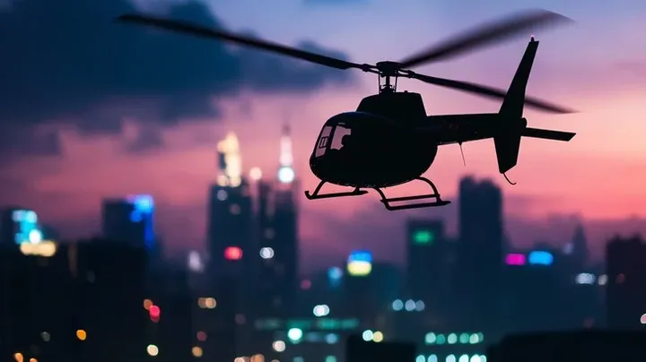 Helicopter flying at night with navigation lights over illuminated landscape