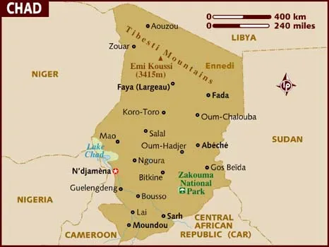 Map of Chad with tourist regions and attractions