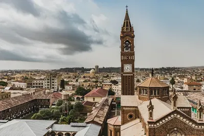 Asmara Art-Deco skyline and Fiat Tagliero, Eritrea