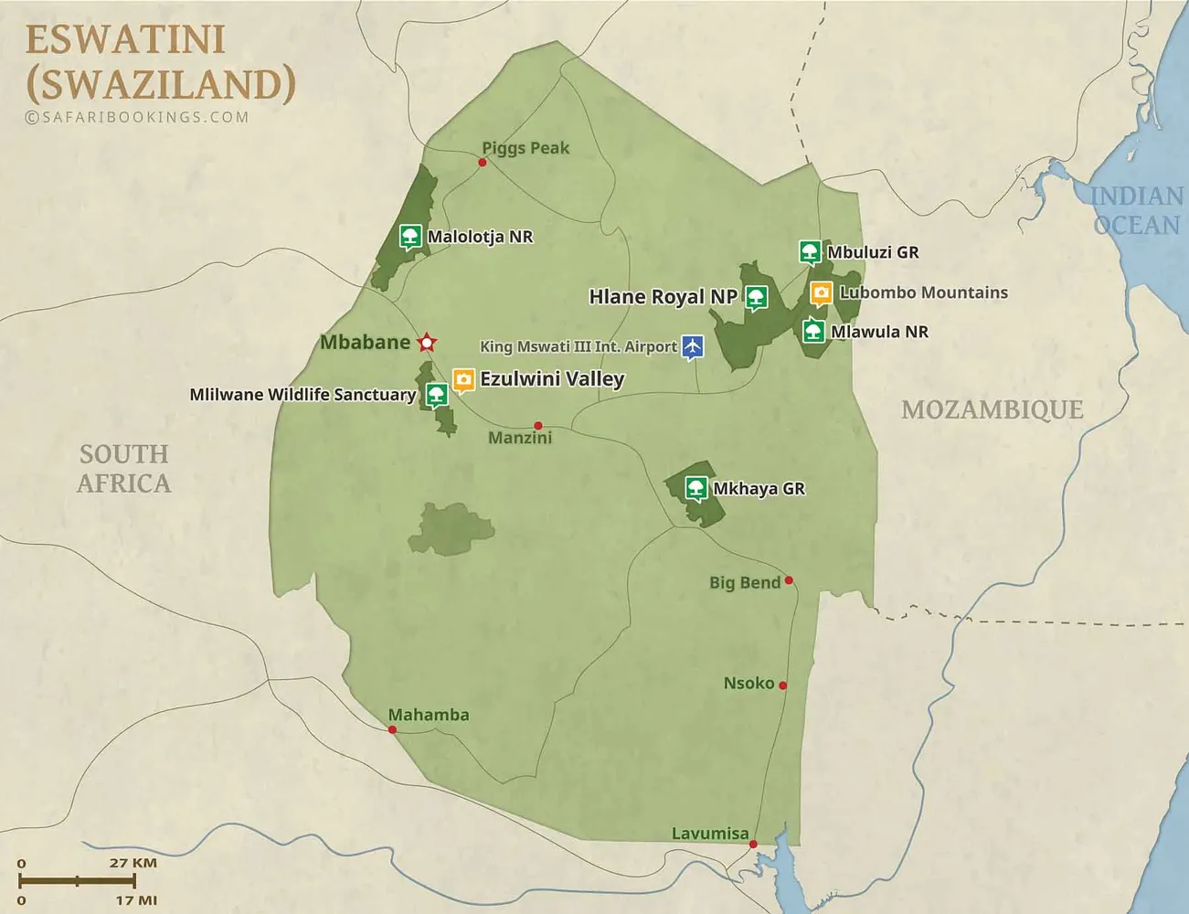 Map of Eswatini wildlife and cultural sites