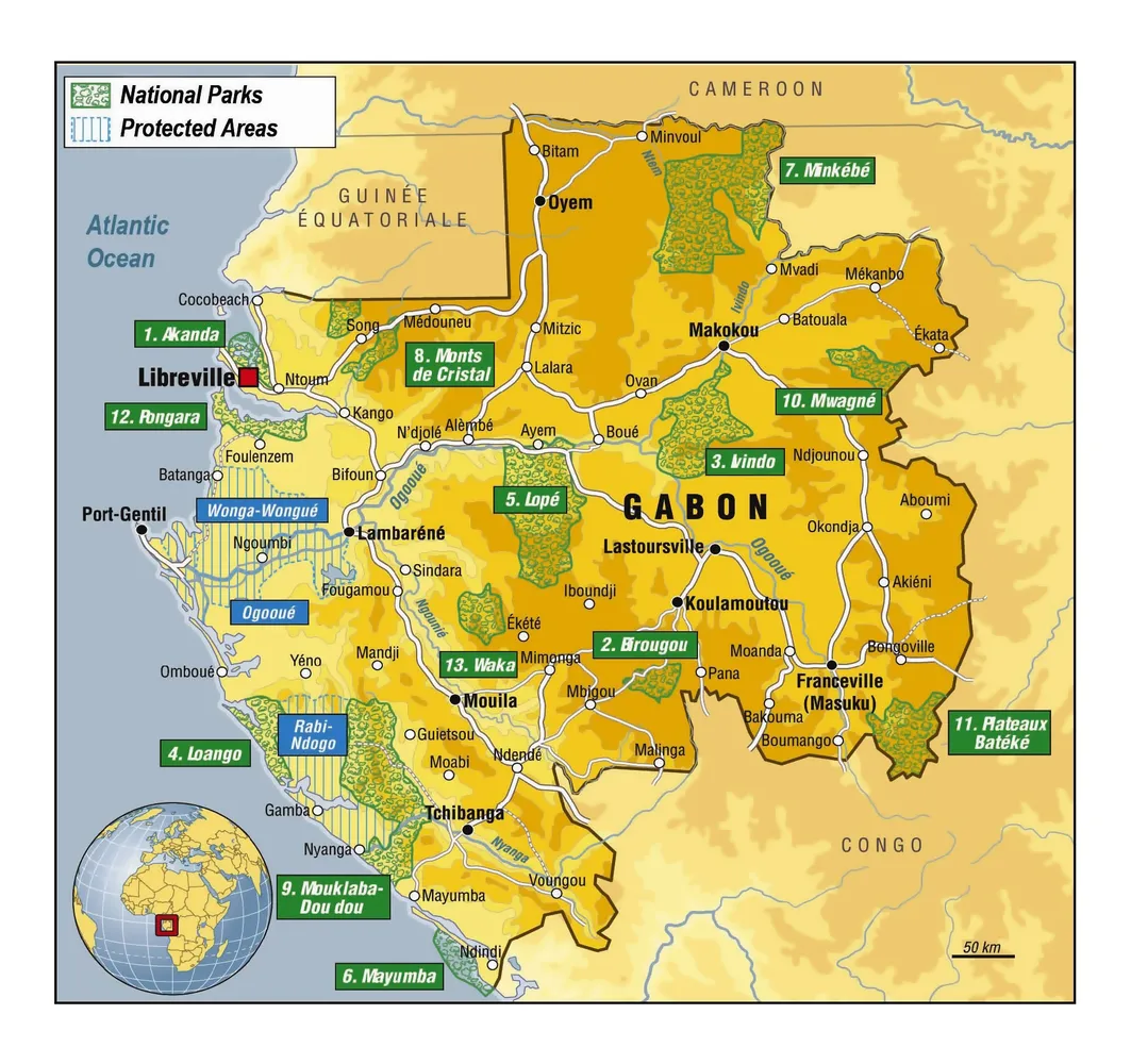 Map of Gabon with national parks and cities