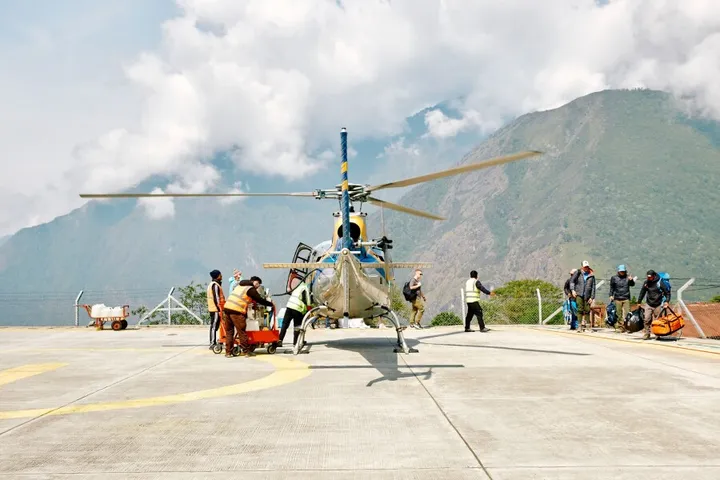 Safe helicopter flight with professional pilot and passengers