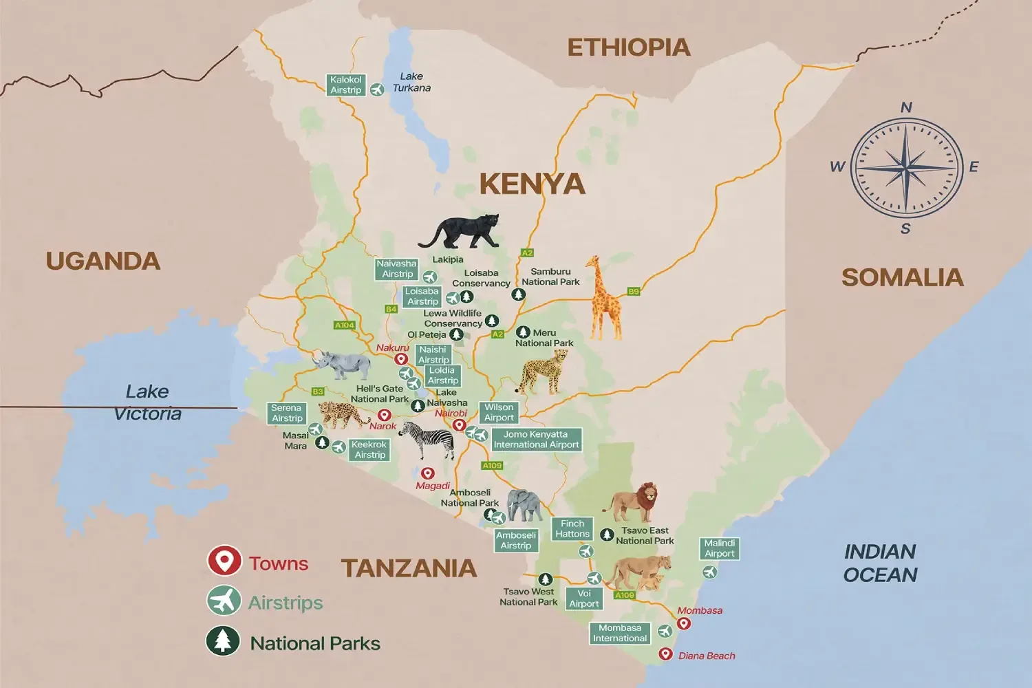 Map of Kenya highlighting top tourist destinations