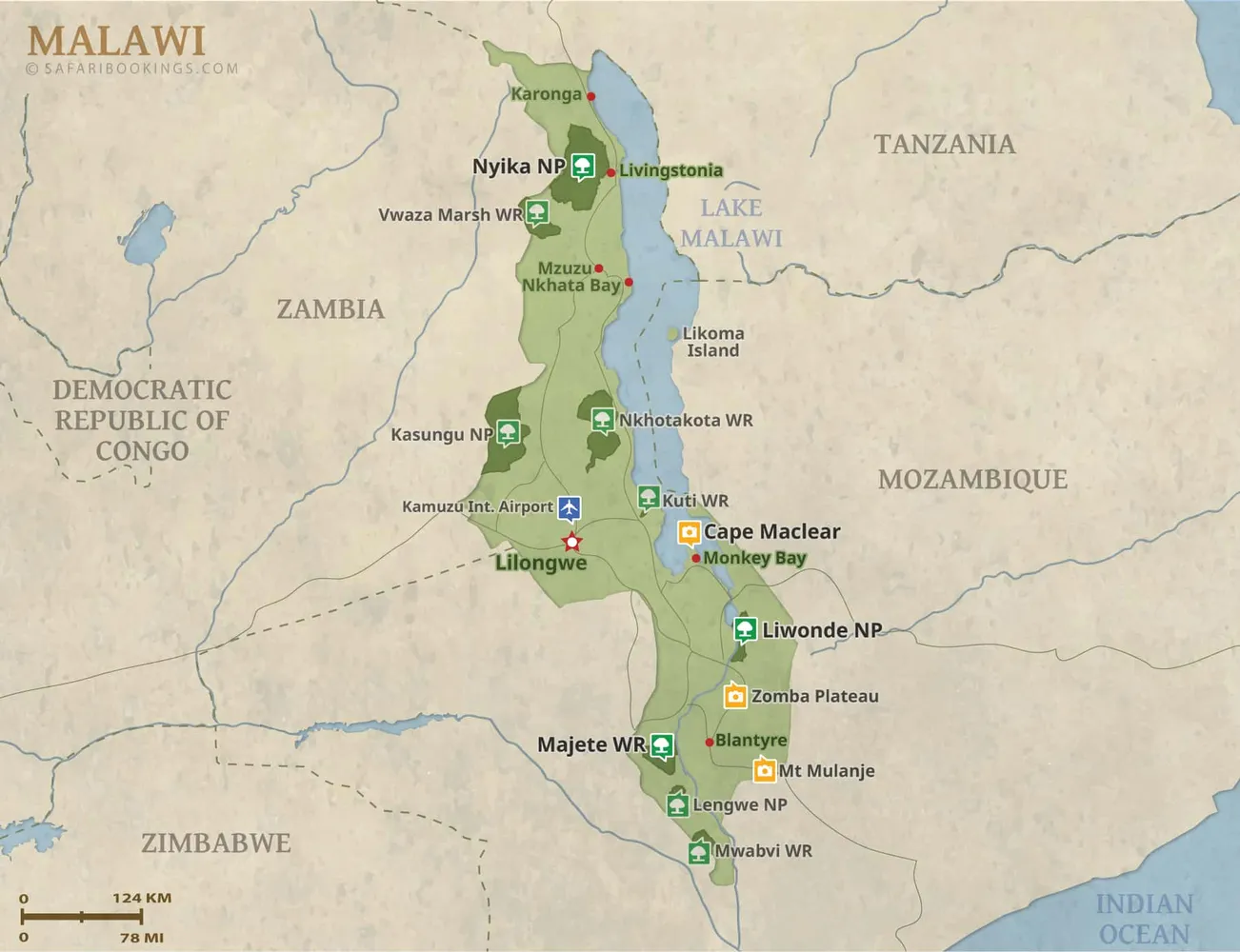 Map of Malawi highlighting key attractions