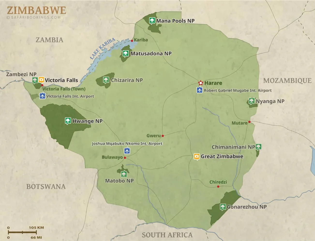 Map of Zimbabwe highlighting key attractions